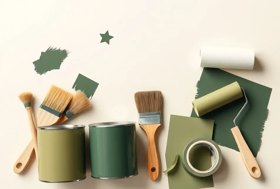 Pots de peinture, nuancier, brosses et rouleaux disposés à plat