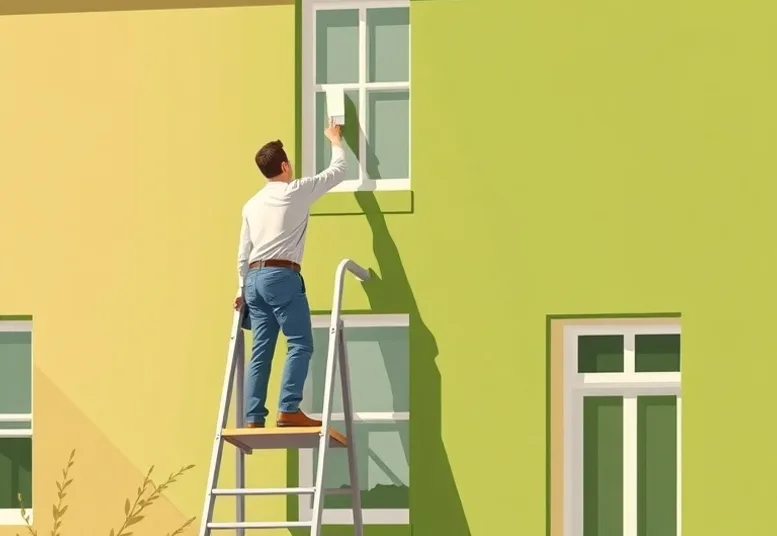 Peintre sur échafaudage traitant la façade d'une maison